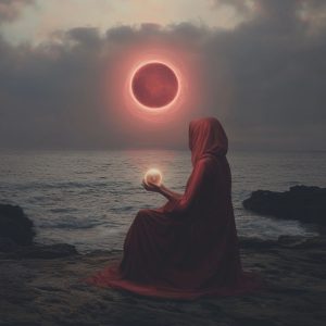 Hooded figure in red holding a glowing orb by the sea beneath a dark solar eclipse in a stormy sky.