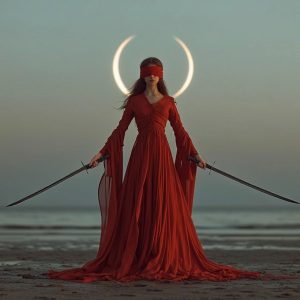 Blindfolded woman in a flowing crimson gown holding twin swords beneath a crescent moon, standing at the edge of the sea like a mythic guardian.