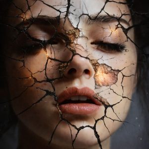 Close-up portrait of a woman’s face fragmented by cracked textures, eyes closed as if surrendering to an inner reckoning.