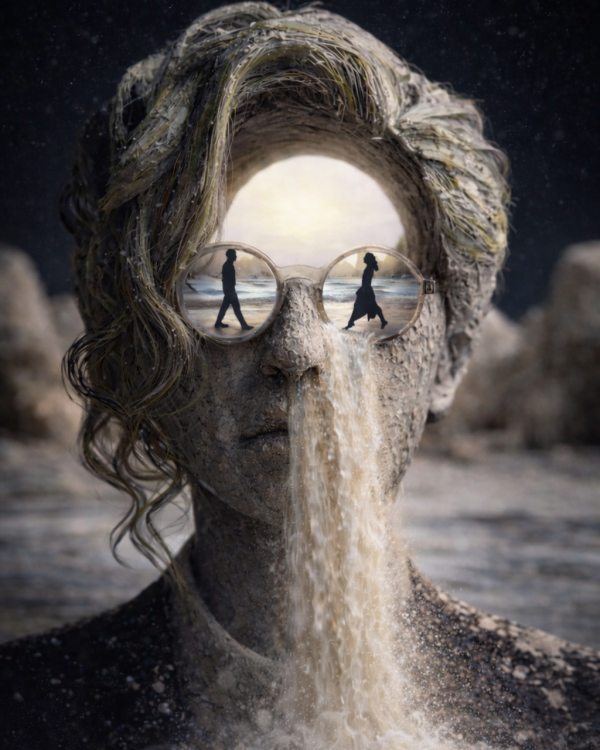 Surreal portrait of a figure dissolving into sand, wearing glasses reflecting two lovers walking apart, symbolizing separation across lifetimes and the longing for sacred union.