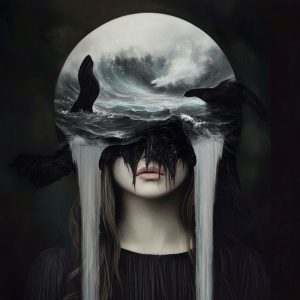 Surreal fine art portrait of a woman with a stormy ocean and crashing waves forming a crown over her head, black raven shapes veiling her eyes, and water streaming down like tears against a dark background.