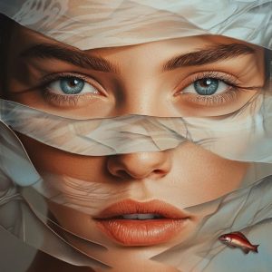 Surreal portrait of a woman veiled in translucent water and fabric, symbolizing spiritual intuition and inner truth