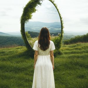 Woman in a white dress standing before a moss-covered oval mirror in a green landscape, reflecting distant hills and sky