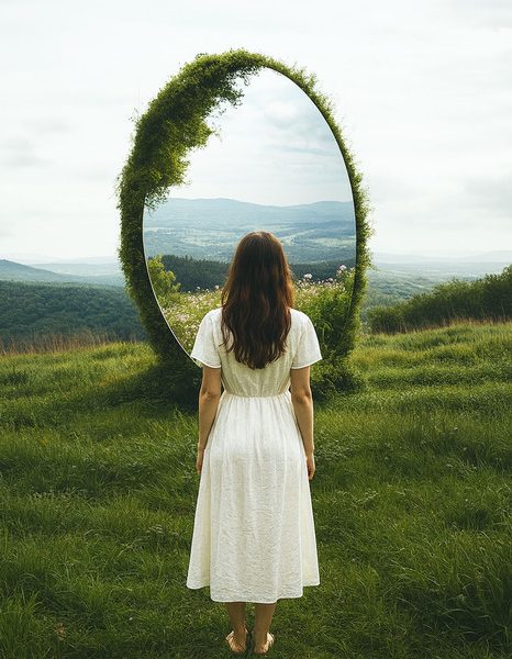 Woman in a white dress standing before a moss-covered oval mirror in a green landscape, reflecting distant hills and sky