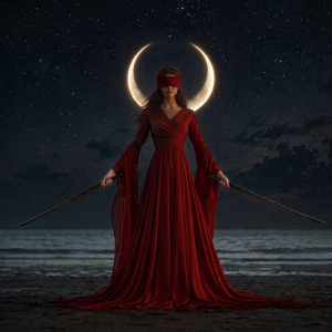 The Oracle by Lisa Bayer, surreal mixed-media artwork of a blindfolded woman in a crimson gown holding two swords beneath a glowing crescent moon on a nighttime beach.