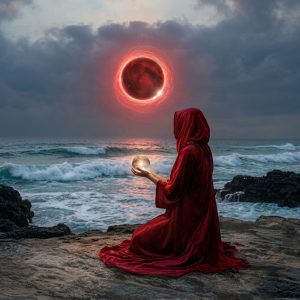 Hooded figure in red holding a glowing orb by the sea beneath a dark solar eclipse in a stormy sky.