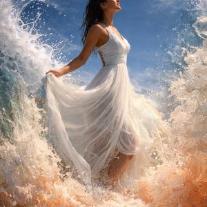 Woman in flowing white dress rising from crashing ocean waves under a bright blue sky, symbolizing transformation, freedom, and awakening in the artwork The Moment She Rose by Lisa Bayer.