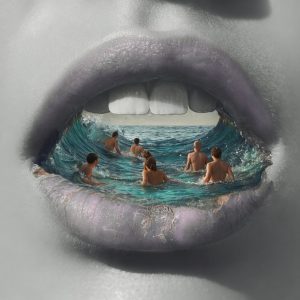 Surreal artwork by Lisa Bayer showing an ocean wave emerging from a woman's open mouth with people swimming toward the horizon, symbolizing hidden emotions, communication, and the depths of the human mind.