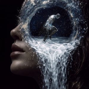 Surreal artwork by Lisa Bayer showing a human mind opening into a cosmic ocean with a silver figure emerging from water and stars, symbolizing consciousness, transformation, and inner awakening.