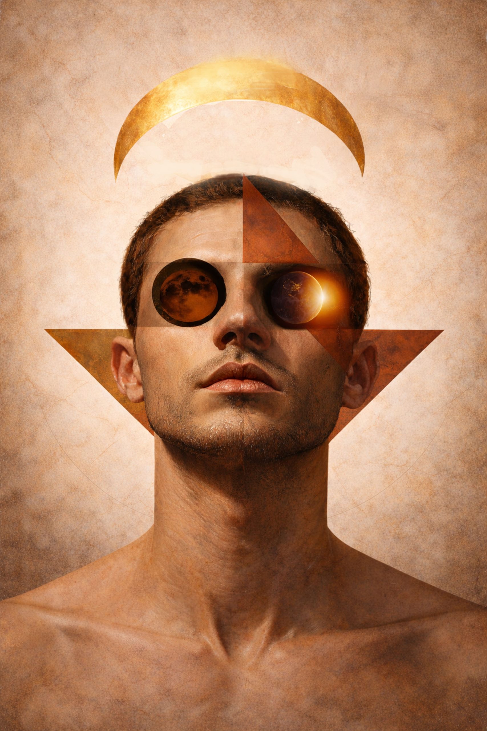 Hyper-realistic surreal portrait of a man with celestial sun and moon eyes, geometric shapes, and a golden crescent moon symbolizing the tension between light and darkness.
