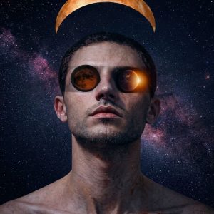 yper-realistic surreal portrait of a man with celestial sun and moon eyes, geometric shapes,