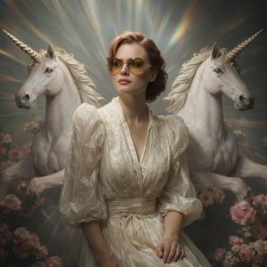 Woman in an elegant white dress seated between two white unicorns with radiant light beams behind her, creating a mystical and dreamlike sanctuary scene.