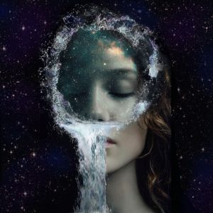 Surreal portrait of a woman with a galaxy-filled mind and flowing water emerging from her face, symbolizing consciousness, inner universe, and emotional release.
