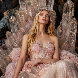 Where the Heart Becomes a Crown by Lisa Bayer, surreal mixed-media portrait of a crowned woman seated among luminous quartz crystals in a pink embellished gown.