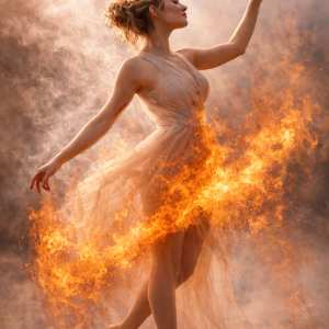 Hyper-realistic surreal image of a woman surrounded by flowing fire and smoke, symbolizing transformation, release of limiting beliefs, and feminine empowerment.