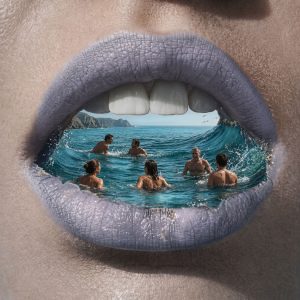 Tides of the Unspoken by Lisa Bayer, surreal mixed-media artwork showing an ocean and people contained within an open mouth with lavender lips.