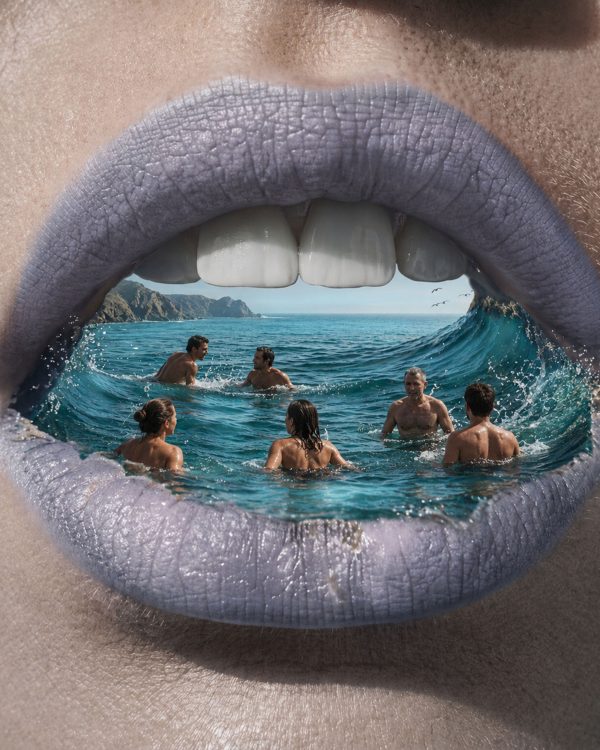 Tides of the Unspoken by Lisa Bayer, surreal mixed-media artwork showing an ocean and people contained within an open mouth with lavender lips.