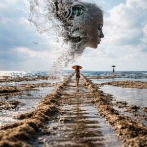 Surreal scene of a woman walking along a narrow path through shallow water beneath a dissolving silhouette of a female head made of splashing water and fragments, symbolizing release and transformation.