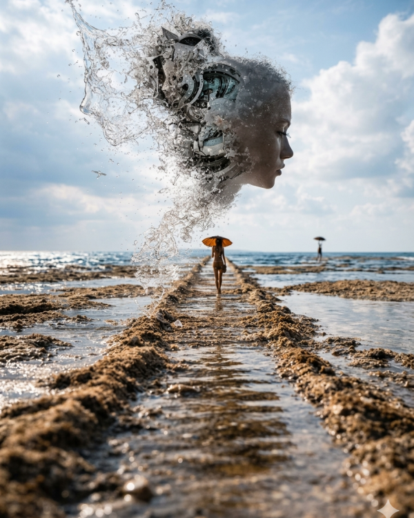 Surreal scene of a woman walking along a narrow path through shallow water beneath a dissolving silhouette of a female head made of splashing water and fragments, symbolizing release and transformation.