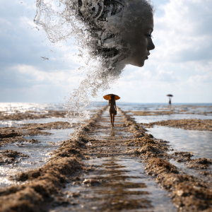 Surreal scene of a woman walking along a narrow path through shallow water beneath a dissolving silhouette of a female head made of splashing water and fragments, symbolizing release and transformation.