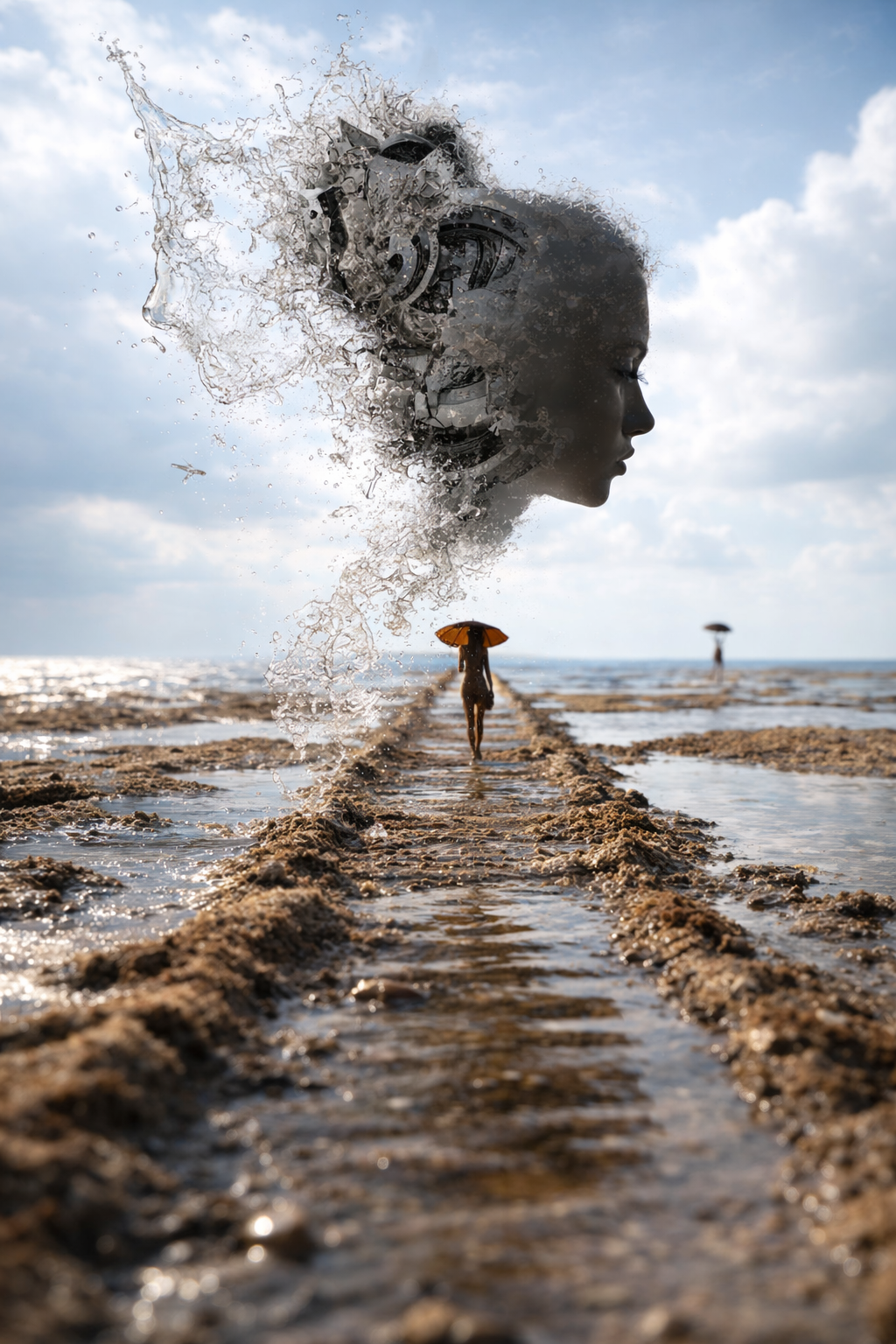 Surreal scene of a woman walking along a narrow path through shallow water beneath a dissolving silhouette of a female head made of splashing water and fragments, symbolizing release and transformation.
