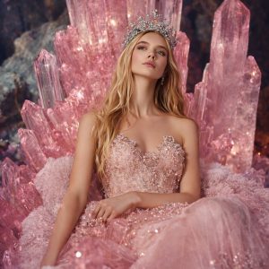Fantasy artwork by Lisa Bayer of a crowned woman seated on a throne of glowing rose quartz crystals wearing a pink gown, symbolizing love, feminine power, and crystal energy.