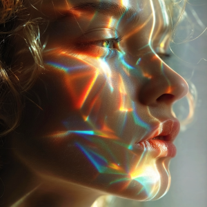 Close-up portrait of a woman’s face illuminated by rainbow prism light patterns across her skin, symbolizing inner awakening and feminine radiance.