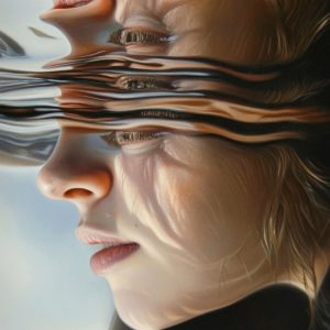 Surreal portrait of a woman reflected through rippling water, her face fragmented and mirrored, symbolizing inner reflection and spiritual distortion