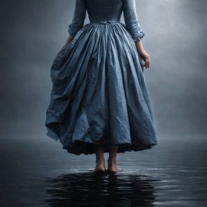 Surreal gothic feminine artwork of a woman in a blue dress walking through dark water, symbolizing feminine resilience, witch trial persecution, and an untouched spirit.