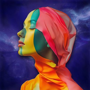 Colorful abstract portrait of a woman in profile with vibrant prismatic colors and cosmic background, symbolizing identity, transformation, emotion, and the full spectrum of the self.