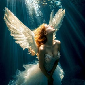 Ethereal underwater artwork of a winged woman in a flowing white dress bathed in soft rays of light, symbolizing inner peace, spiritual escape, and serenity beneath emotional noise.