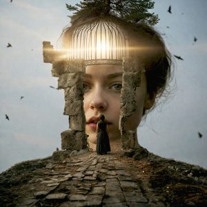 Surreal psychological artwork of a woman facing a birdcage within a larger face, symbolizing inner confinement, illusion, self-reflection, and the journey toward freedom.