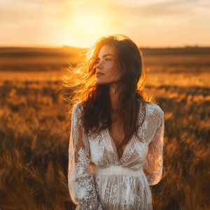Golden hour feminine artwork of a woman in a white lace dress standing in a sunlit field, symbolizing stillness, inner peace, reflection, and quiet transformation.