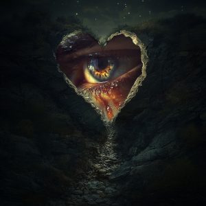 Surreal heart-shaped opening in a dark rocky landscape revealing a glowing human eye, symbolizing hidden truth, emotional awakening, intuition, and the heart’s inner vision.