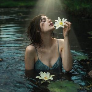 Serene feminine artwork of a woman in dark water holding a white water lily beneath soft light, symbolizing emotional healing, renewal, inner peace, and reconnection with the self.