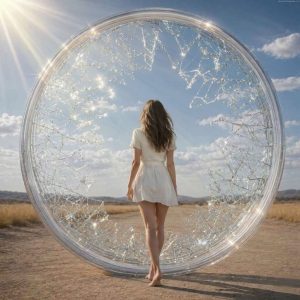 Surreal artwork of a woman standing before a shattered glass portal in an open landscape, symbolizing breaking old habits, mental transformation, and stepping into a better life.