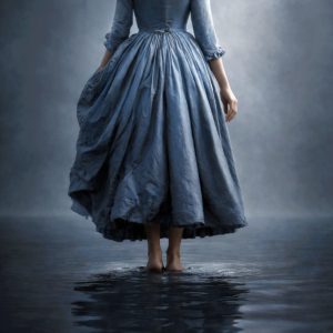 Surreal gothic feminine artwork of a woman in a blue dress walking through dark water, symbolizing feminine resilience, witch trial persecution, and an untouched spirit.