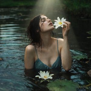 Serene feminine artwork of a woman in dark water holding a white water lily beneath soft light, symbolizing emotional healing, renewal, inner peace, and reconnection with the self.