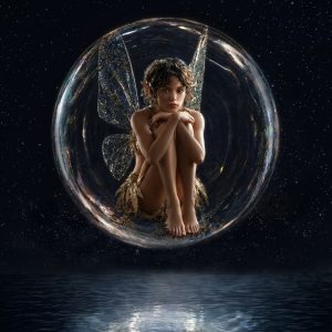 Born Between Worlds by Lisa Bayer, featuring a winged figure suspended inside a luminous sphere above dark reflective water beneath a star-filled sky.