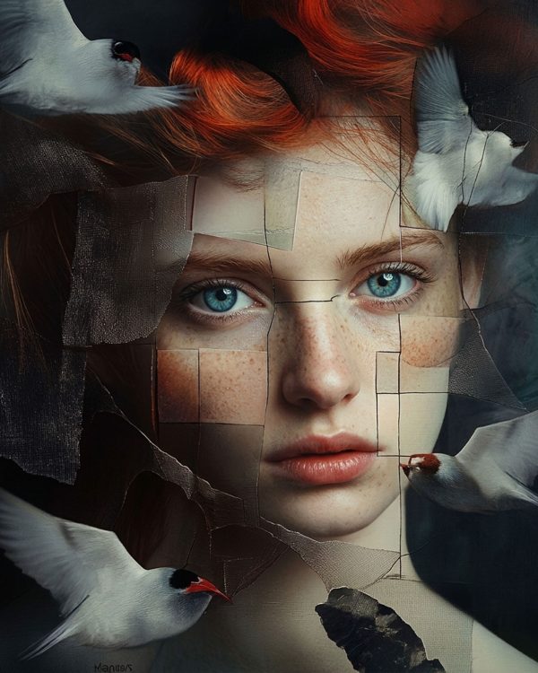 The Unraveling by Lisa Bayer, a surreal mixed-media portrait of a red-haired woman with fragmented layered textures and white birds in motion