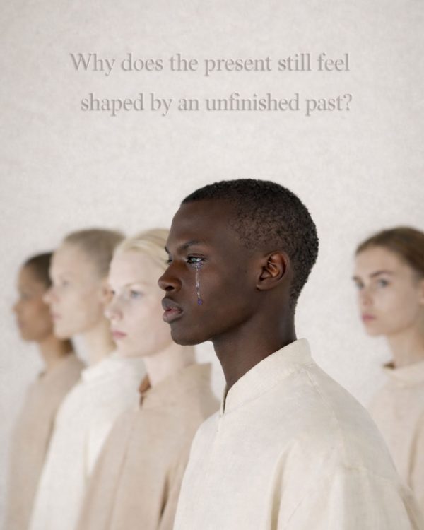 Surreal mixed-media portrait artwork by Lisa Bayer featuring a group of figures in soft neutral garments, with a dark-skinned man in the foreground shedding a blue tear beneath the words, “Why does the present still feel shaped by an unfinished past?”