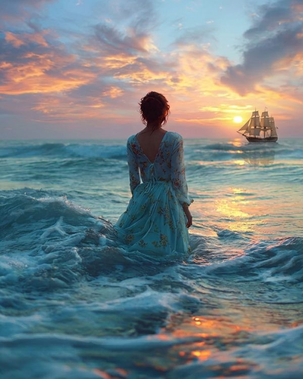 The Last Light Between Us by Lisa Bayer, a surreal mixed-media scene of a woman standing in ocean waves at sunset, watching a distant sailing ship.